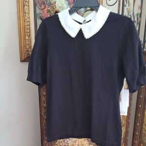 CeCe Black Short Sleeve Top with White Peter Pan Collar